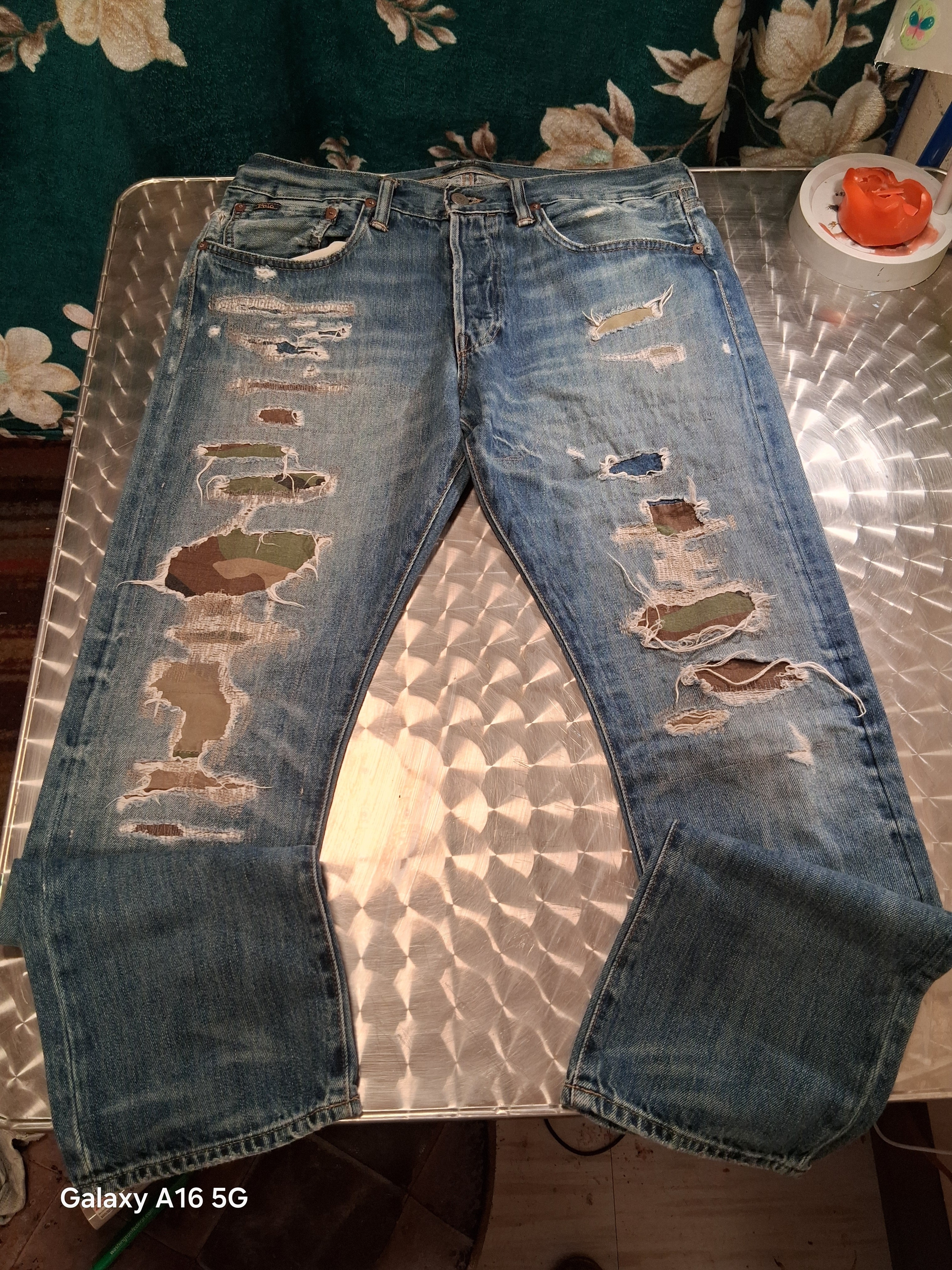 Polo By Ralph Lauren Distressed Blue Jeans With Camouflage Patchwork